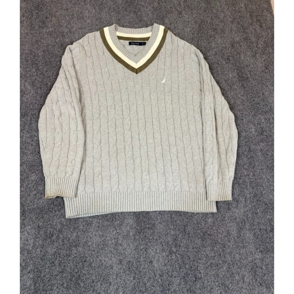 Nautica Men's Cable Knit Sweater Gray V-Neck Stripe Trim 100% Cotton Size XL